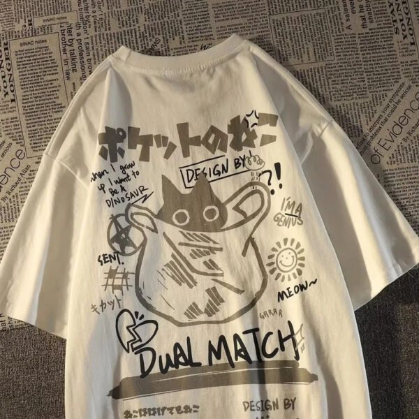 Japanese Retro Pocket Cat Print Unisex T-shirt - Image 3