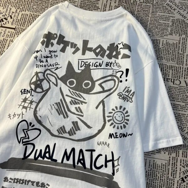 Japanese Retro Pocket Cat Print Unisex T-shirt