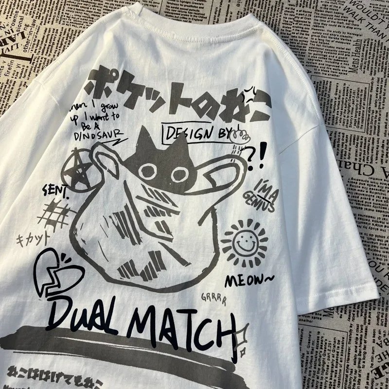 Japanese Retro Pocket Cat Print Unisex T-shirt